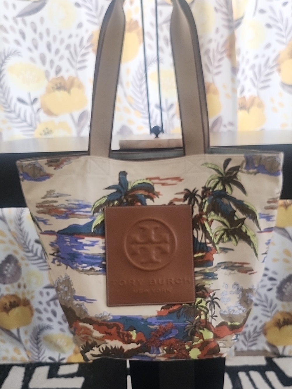 Tory Burch Cream Multicolor Tropical Canvas Beach Bag